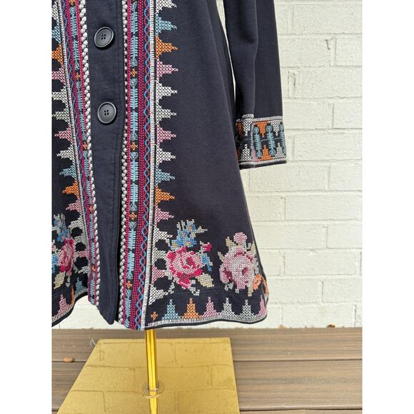 Johnny Was Navy Floral Cross Stitch Embroidered Button Front Long Jacket Coat M - Picture 8 of 9